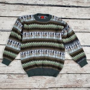 Vintage Women's Alpaca Wool Cardigan Sweater - Green, Tan,Blue Fair Isle Pattern